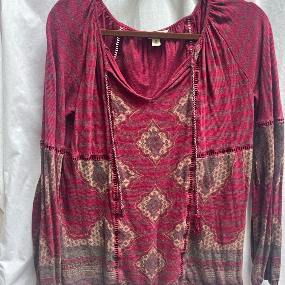 Lucky Brand Burgundy and Beige Patterned Blouse